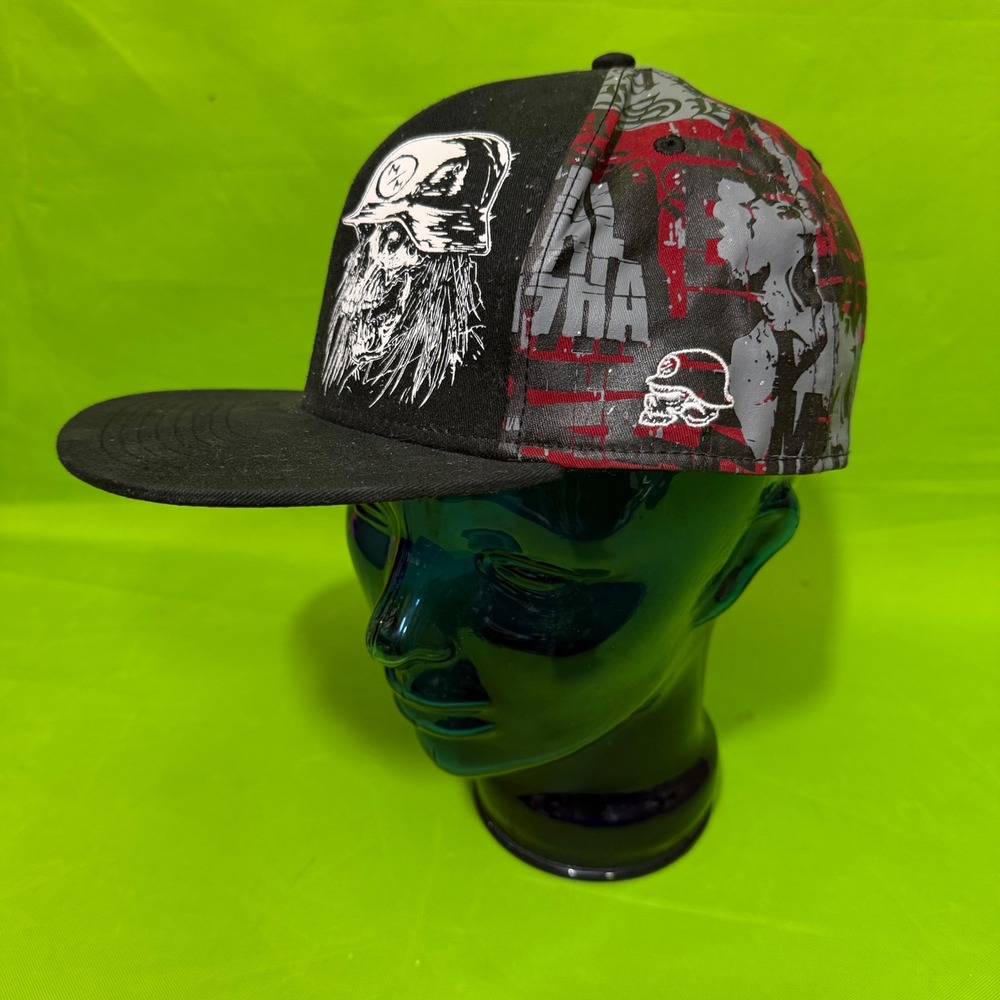 Metal Mulisha Mens Flex Fit Hat Black Red Skull Graphic Flat Brim Cap L/XL